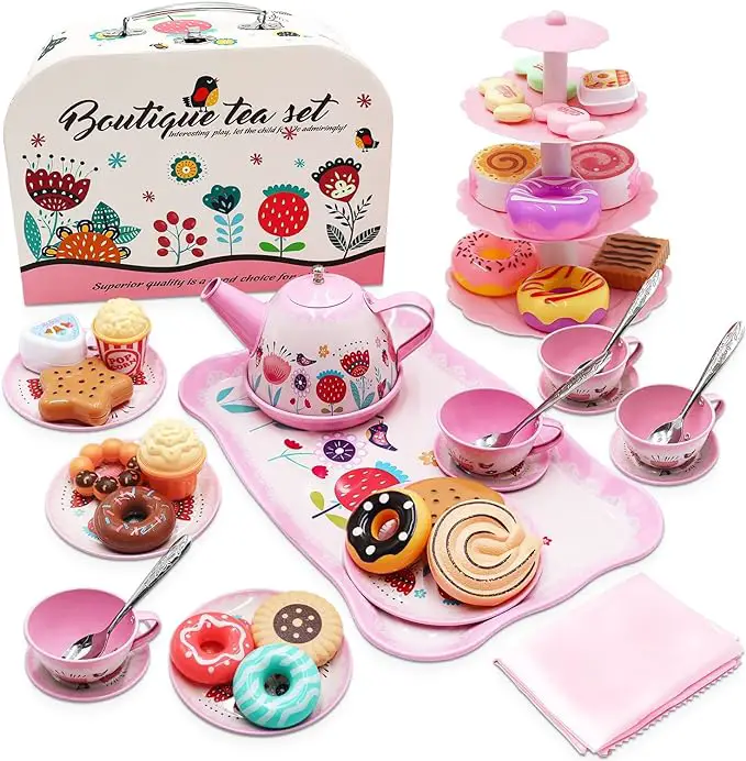 44PCS Tea Set for Little Girls, Princess Tea Time Toys Playset