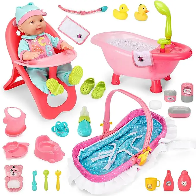 Doll Set 14" Baby Doll Playset,25 PCS Baby Doll Accessories with High Chair, Bath, Crib, Feeding Accessories, Realistic Pretend Play Baby Dolls