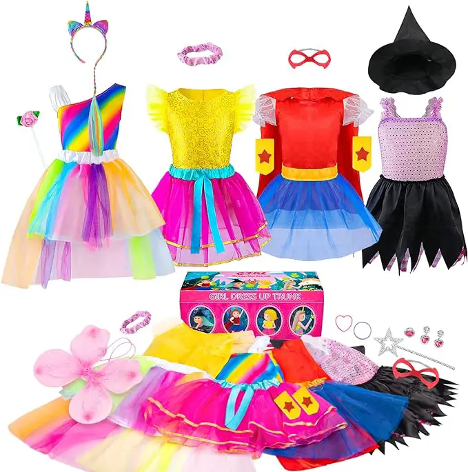 Girls Dress up Trunk Princess Set, 24 PCS Pretend Play Costume Set, Fairytale, Supergirl, Princess, Rainbow Unicorn Costume for Toddler