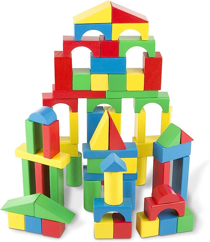 Melissa & Doug Wooden Building Set - 100 Blocks in 4 Colors and 9 Shapes