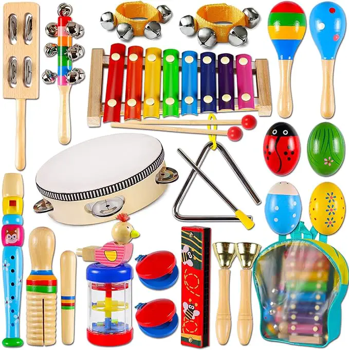 Toddler Musical Instruments,Wooden Percussion Instruments Toy for Kids Baby Preschool Educational Musical Toys Set for Boys and Girls with Storage Bag