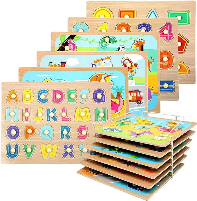 Toddler Puzzles and Rack Set, Wooden Peg Puzzles Bundle with Storage Holder Rack, Educational Knob Puzzle for Kids Age 2 3 4 Years