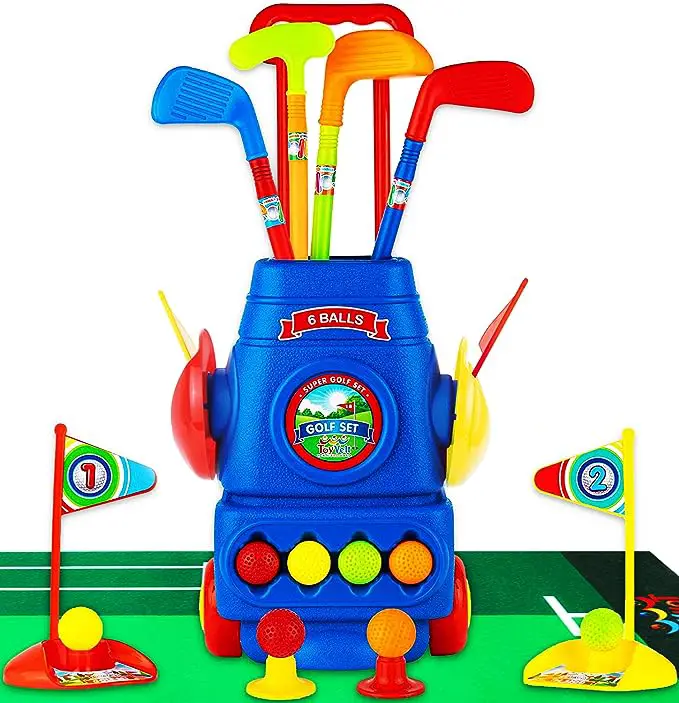 ToyVelt Toddler Golf Set - Kids Golf Clubs with 6 Balls, 4 Golf Sticks, 2 Practice Holes and a Putting Mat