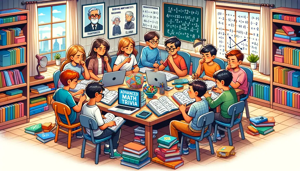 Group of older teenagers engaged in Advanced Math Trivia, sitting around a large table filled with advanced math books, puzzles, and computers. The diverse mix of boys and girls are collaboratively solving complex math problems, showing concentration and determination. The room is adorned with posters of famous mathematicians and mathematical formulas, fostering an inspiring and intellectual atmosphere for advanced math learning
