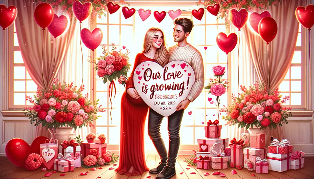 Romantic Valentine's Day pregnancy announcement with a couple holding a 'Our Love is Growing!' sign, surrounded by festive heart decorations and balloons for a Valentine's Day social media pregnancy announcement.