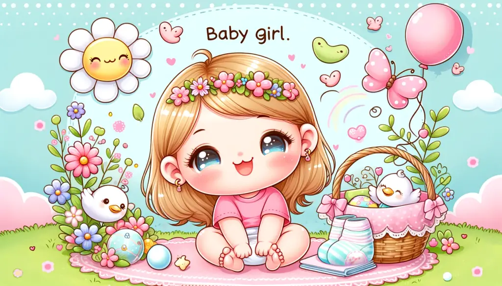shows a delightful and cheerful baby girl, surrounded by sweet and playful elements, in a vibrant and whimsical setting, capturing the joy and charm of welcoming a baby girl.