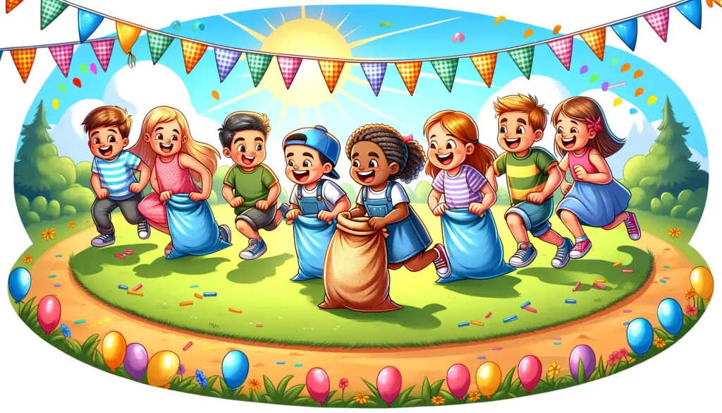 Cartoon illustration of diverse children enjoying a sack race at an outdoor birthday party, with colorful balloons and streamers in a sunny park setting, depicting joy and celebration.