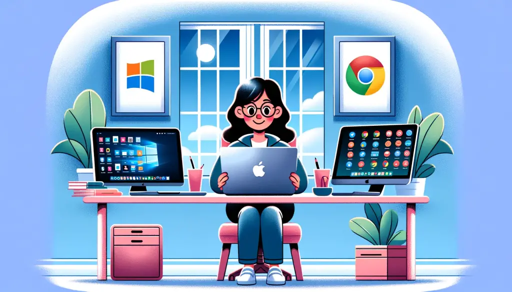 A mom in a home office setting with three laptops open in front of her, each displaying a different operating system (Windows, Apple iOS, and ChromeOS), showcasing her comparison of their features and user experiences.