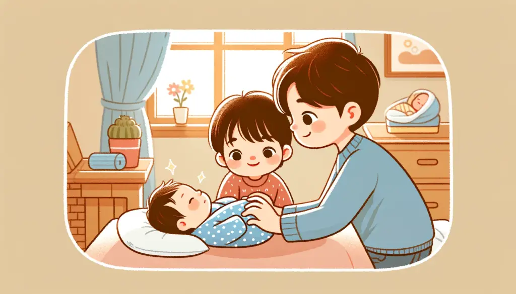 Cartoon illustration of a newborn baby with an older sibling, ideal for Sibling Birth Announcement Wording. The scene captures a heartwarming moment of the older sibling tenderly interacting with the newborn, set in a warm and joyful family environment, showcasing the special bond and excitement of welcoming a new member to the family.