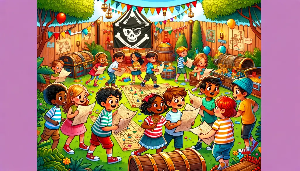 Cartoon illustration of diverse kids on a Treasure Hunt at a birthday party, with excitement and curiosity, in a backyard decorated like a pirate island, symbolizing adventure and creativity in children's games.