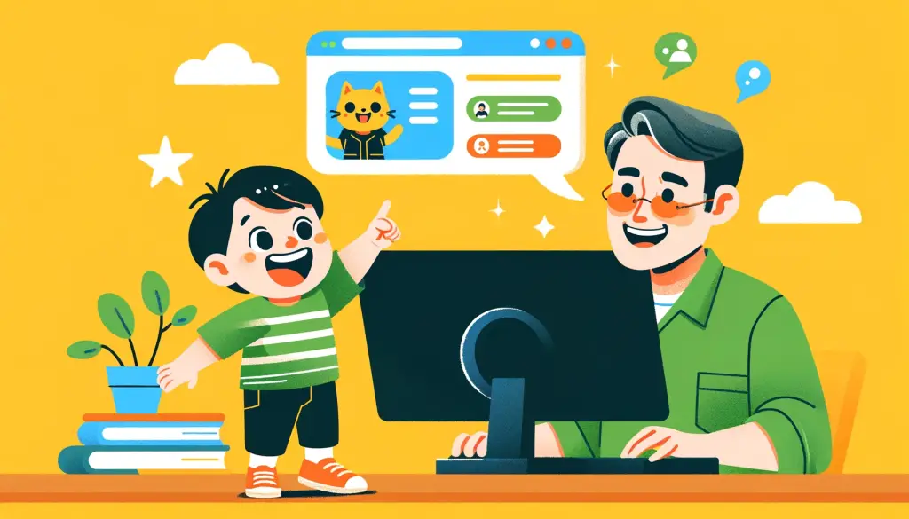 Cartoon illustration of a child excitedly pointing at a computer screen displaying the ChatGPT interface, with a parent beside them smiling. The scene is vibrant and joyful, emphasizing discovery and the excitement of learning.
