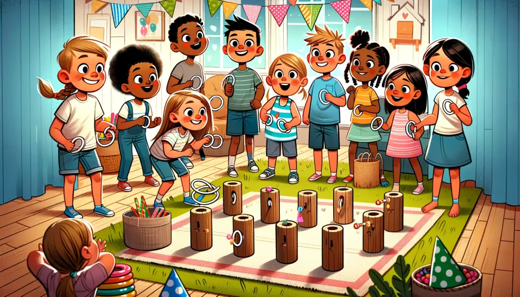 Cartoon image of diverse children enjoying a DIY ring toss game at a birthday party, featuring a home-made setup with rope rings and upcycled posts, surrounded by festive decorations, highlighting the creativity and fun of DIY party activities for kids.