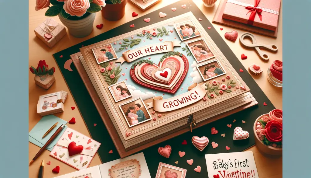 Charming DIY Valentine's Day pregnancy announcement with a handcrafted scrapbook page reading 'Our Heart is Growing!', surrounded by romantic Valentine's decorations.