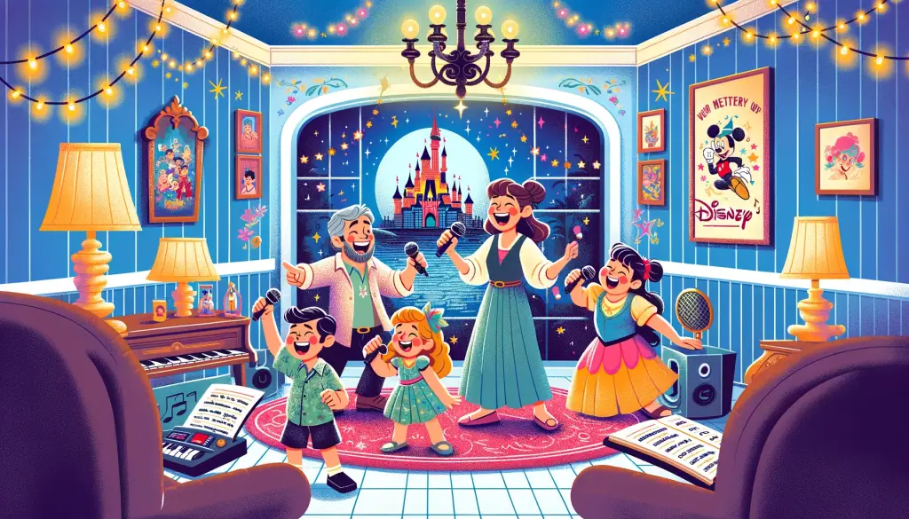 Family enjoying Disney Karaoke Songs at a magical themed karaoke night, depicted in a whimsical cartoon style with characters dressed as Disney icons, singing in a room adorned with Disney-like castle and decorations.