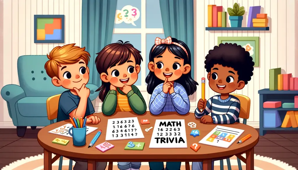 Four young kids, two boys and two girls of different ethnicities, engaged in easy math trivia for young kids, sitting around a table with colorful math worksheets and puzzles in a cozy, well-lit room with a bookshelf filled with educational books, reflecting an atmosphere of learning and discovery.