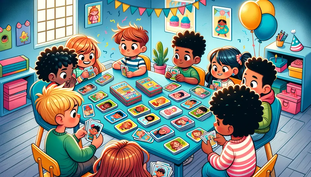 Cartoon illustration of diverse kids engaged in a Memory Match game at a birthday party, focused on flipping cards to find pairs, surrounded by colorful birthday decorations, highlighting the combination of fun and cognitive skill development in children's games.