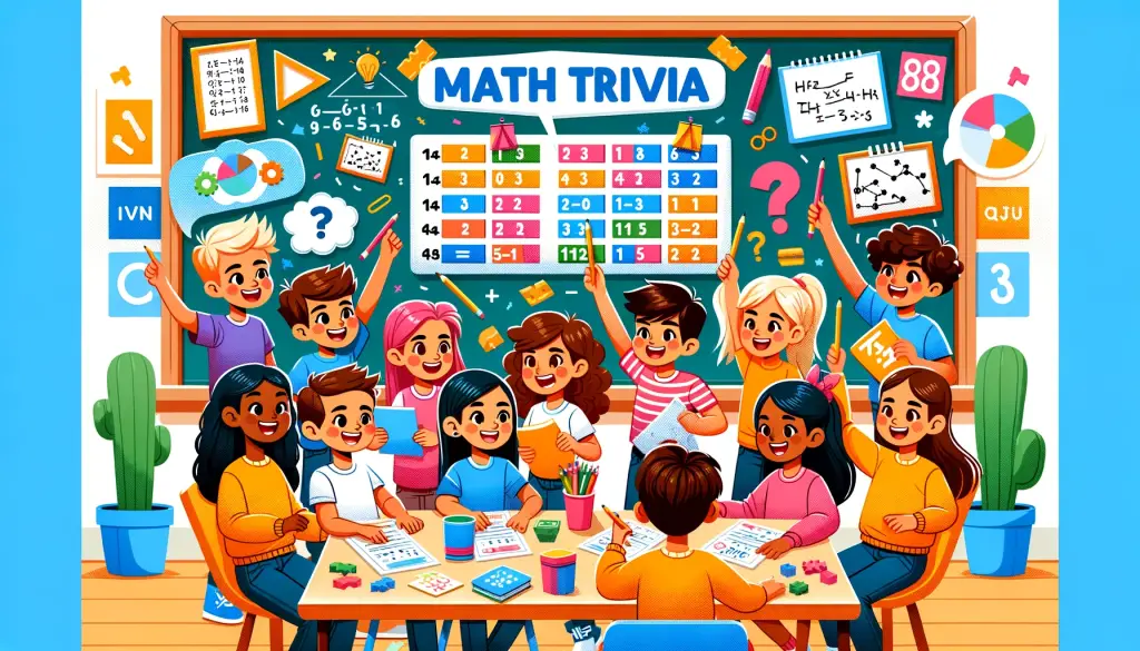 Diverse group of children engaged in 'Fun Facts and Puzzles in Math,' collaboratively solving math trivia questions in a vibrant classroom setting. They are gathered around a table, using colorful flashcards and writing on a whiteboard, surrounded by educational math posters and decorations, highlighting an interactive and enjoyable learning atmosphere.