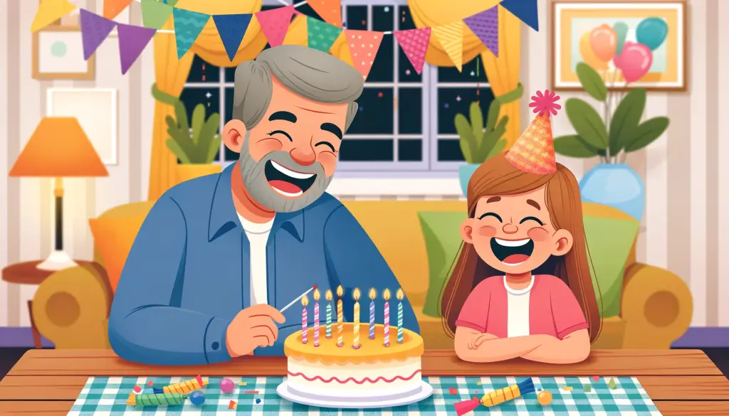 A dad and his daughter sitting at a wood table laughing over a Funny Happy Birthday Quote with a birthday cake and candles on the table and bright colorful decorations in the background.