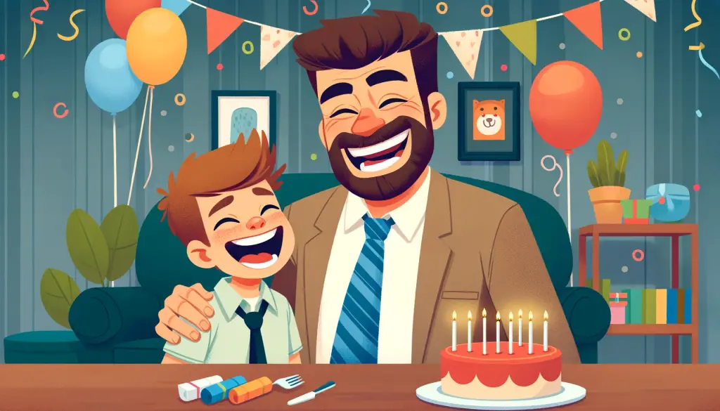 Cartoon illustration of a dad and his son sharing a joyful laugh on the father's birthday, depicting a lively and colorful celebration, ideal for funny happy birthday wishes from son to dad.