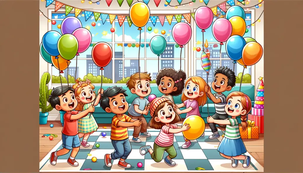 Cartoon illustration of diverse children engaged in a Balloon Keep-Up game at an indoor birthday celebration, with colorful party decorations enhancing the festive mood, depicting the joy and active engagement of children in indoor party activities.