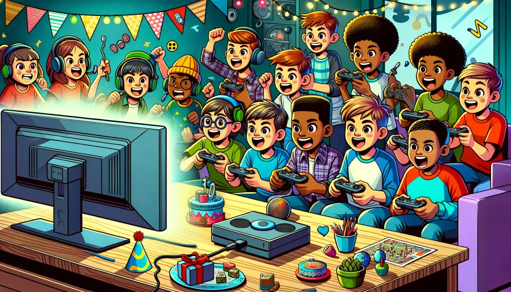 Cartoon illustration of a diverse group of children engaged in a Video Game Tournament during a birthday party, gathered around a TV screen with controllers in hand, in a room decorated with birthday elements, capturing the excitement and interactive spirit of gaming in a celebratory setting.