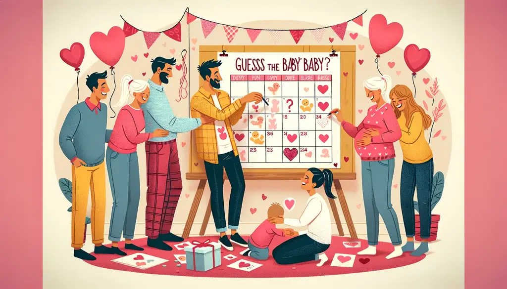 Joyful illustration of a family playing a 'Guess the Baby’s Due Date' game, involving loved ones in a Valentine's pregnancy announcement with heart-themed decorations.
