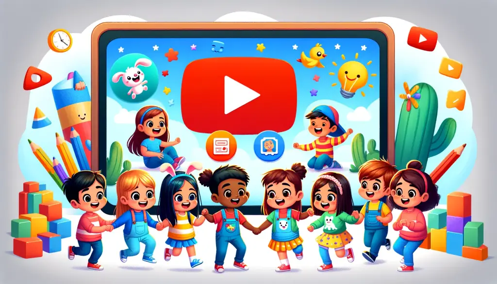 Is YouTube kids safe? A colorful cartoon illustration of diverse children smiling and holding hands in front of a large YouTube Kids interface, showcasing child-friendly icons and educational content.