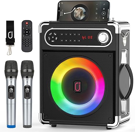 JYX Karaoke Machine with Two Wireless Microphones, Portable Bluetooth Speaker with Bass and Treble Adjustment, PA System with Remote Control, LED Lights Supports TF Card, USB, AUX IN, FM, REC,TWS for Party