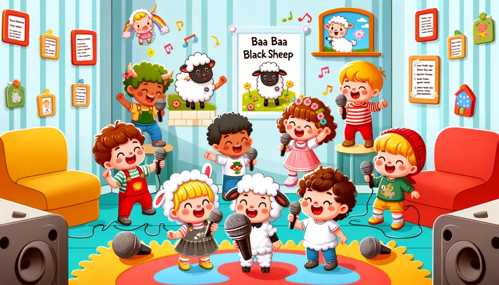 Joyful young children engaging in karaoke, dressed in nursery rhyme costumes, singing karaoke songs for young kids in a playroom adorned with colorful decorations and child-friendly musical equipment.