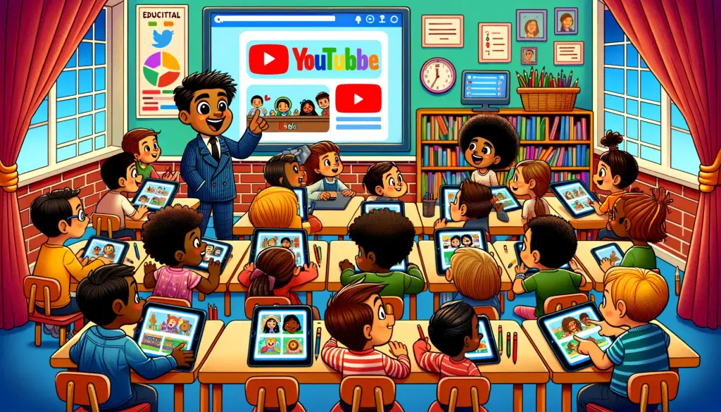 Animated classroom scene with a diverse group of students using tablets, displaying the 'Key Features of YouTube Kids for Safety' on a central screen guided by a smiling teacher.