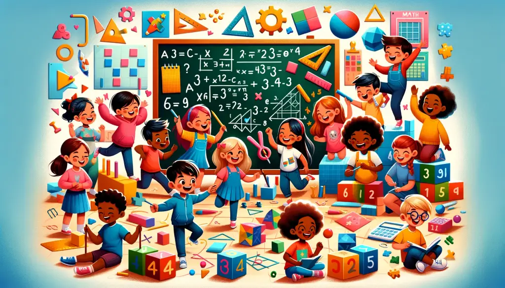 Colorful illustration of diverse children engaged in math trivia questions for kids in a classroom. Some kids are solving puzzles on a chalkboard, others build geometric shapes with blocks, a child measures with a ruler, and another counts objects. The room is decorated with math posters, calculators, and protractors, creating a playful and educational atmosphere.