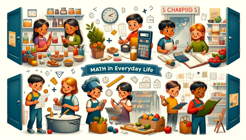 Diverse group of children engaging in 'Math in Everyday Life,' illustrated by kids measuring ingredients in a kitchen, calculating change in a grocery store, and using a ruler in a workshop. The image features boys and girls of different ethnicities involved in activities that require mathematical skills, set in everyday environments like a home kitchen, a store, and a workshop, all emphasizing the practical application of math in daily life.