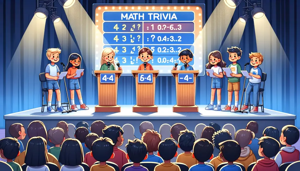 Two small teams of middle school students participating in a Middle School Math Trivia contest on stage. The diverse group, comprising both boys and girls, is energetically engaged, standing behind podiums with one student pressing a buzzer to answer. The backdrop features a large screen displaying questions, with spotlights and an audience of students and teachers, creating a lively and competitive environment emphasized by banners and decorations.