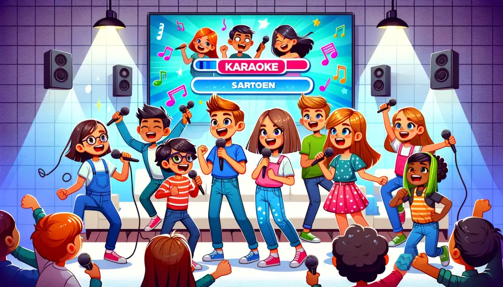Excited kids performing at a karaoke event, singing modern karaoke songs for kids, with bright stage lights and animated expressions, showcasing a diverse group of young singers enjoying contemporary hits.