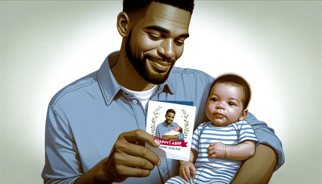 A proud new father cradling his infant and holding a congratulatory card, capturing the heartfelt emotion of 'New Baby Wishes to Father' in a nurturing and tender moment.