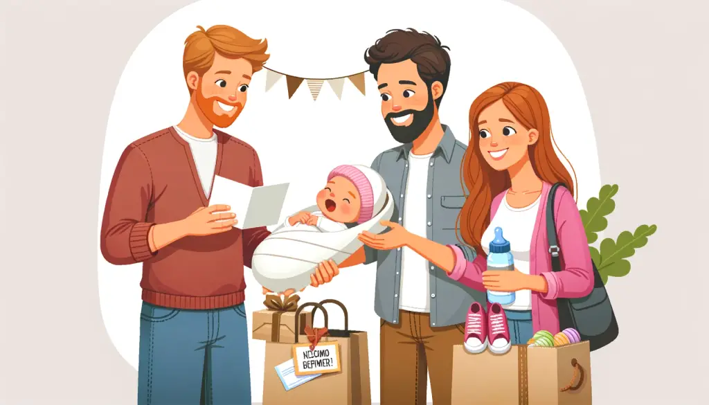 Cheerful cartoon illustration of friends presenting a card to new parents holding their baby, epitomizing 'New Baby Wishes to Friends' in a vibrant, joyous setting.