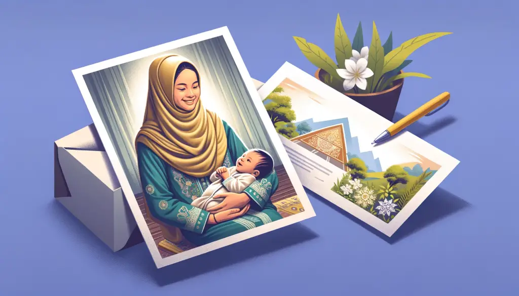 Realistic image of a loving new mother cradling her infant, with a congratulatory card in hand, embodying the heartfelt sentiment of 'New Baby Wishes to Mother' in a warm, nurturing environment.