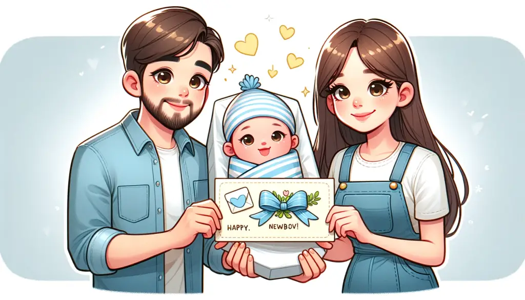 Cheerful cartoon depiction of joyful new parents cradling their newborn baby while holding a greeting card, encapsulating the theme of 'New Baby Wishes to the Parents' in a cozy family setting.