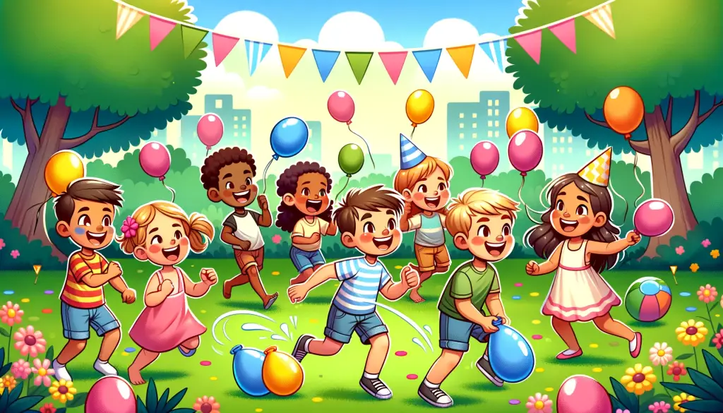 Cartoon depiction of diverse children engaging in a Water Balloon Toss game at an outdoor birthday party, set in a sunny park with trees and festive decorations, highlighting the joy and excitement of outdoor activities for kids.