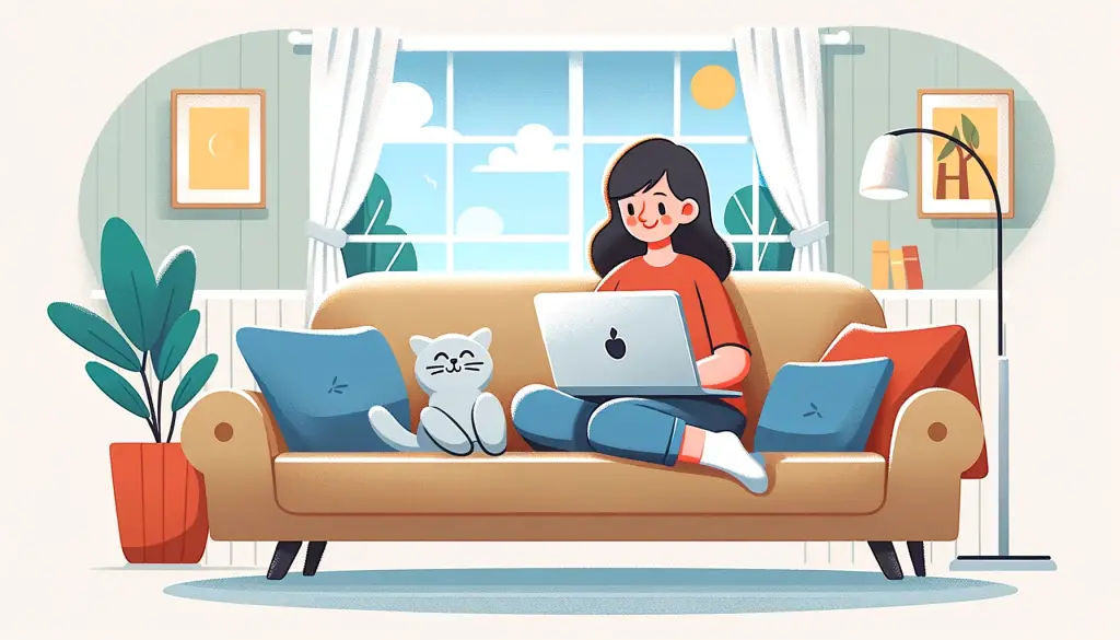Practical Advice for Making the Perfect Laptop Choice: Cartoon illustration of a relaxed mom using an Apple MacBook Air on a sofa, embodying the ease and versatility of laptops for everyday home use.