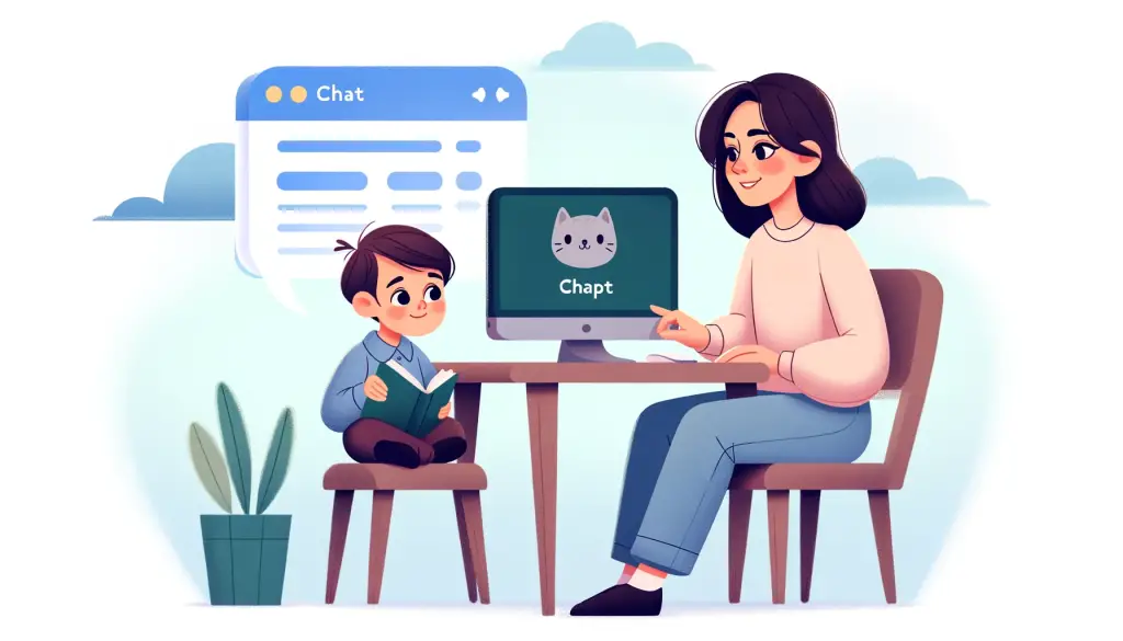 Cartoon illustration of a parent and child seated at a desk, both looking engaged and thoughtful discussing the limitations of AI and ChatGPT. The child holds a book, and the computer screen shows the ChatGPT interface. The environment is calm and focused, with soft colors creating a cozy atmosphere for learning