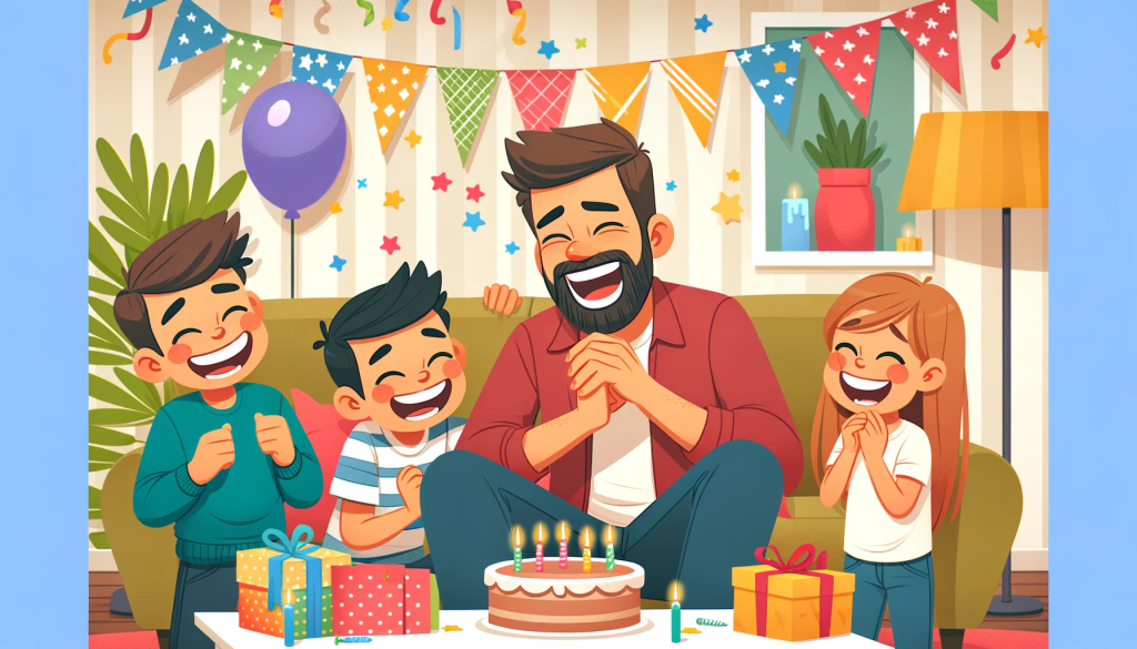 Cartoon depiction of a joyful dad celebrating his birthday with family, perfect for short funny happy birthday dad quotes.