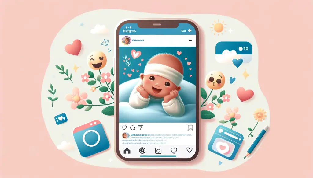 Charming Instagram post in cartoon style showcasing a delightful newborn baby, with a loving message and emojis, perfectly suited for 'Short and Sweet Baby Wishes for Instagram.