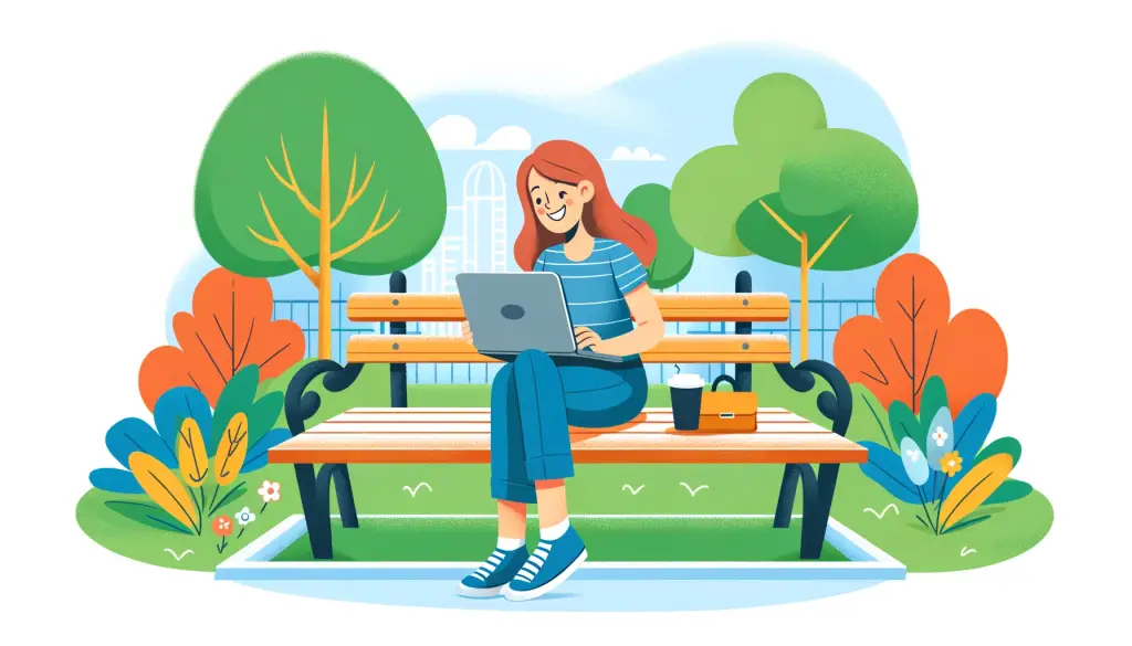 Cartoon illustration of a smiling mom sitting on a park bench, using a laptop with one hand and holding a coffee cup in the other, surrounded by vibrant trees and flowers, symbolizing the balance of work and relaxation.