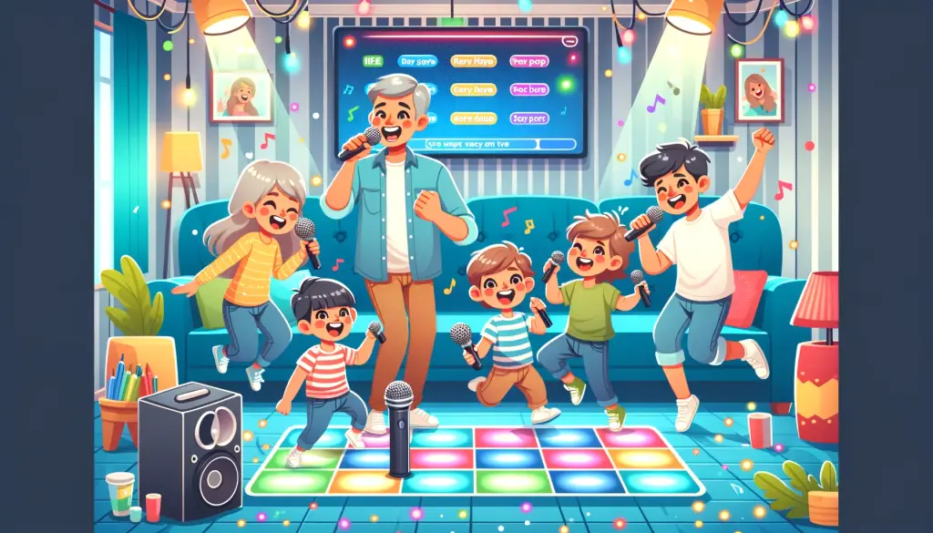 Family having a joyful time on family karaoke night, with children and grandparents singing upbeat karaoke songs on a colorful dance floor illuminated by disco lights, showcasing a warm, intergenerational entertainment scene.