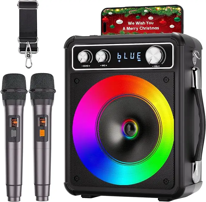 VOSOCO Karaoke Machine, Portable Bluetooth Speaker with 2 Wireless Microphones, PA System for Adults Kids with LED Lights, Supports TWS, REC, FM, AUX, USB, TF for Home Party