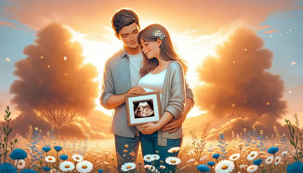 Heartwarming pregnancy announcement photoshoot with a couple in a wildflower field holding a sonogram, symbolizing the joy of expecting parents.