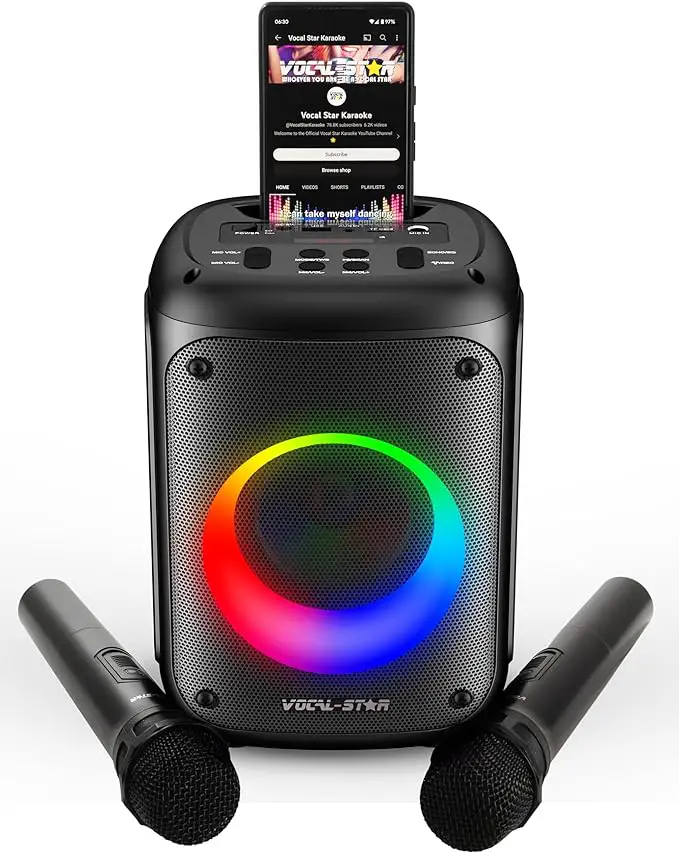 Vocal-Star Portable Karaoke Machine with Bluetooth, 2 Wireless Microphones, Karaoke System, 60w Speaker, Party Lights Effects, Records Singing, Rechargeable VS-275