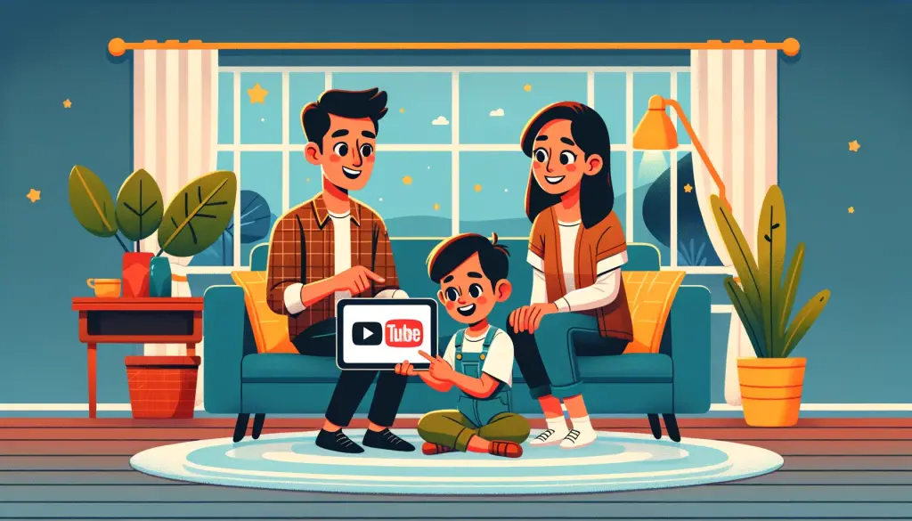 A warm, cartoon illustration of a family with a child using a tablet showing the YouTube Kids logo, depicting a safe and engaging 'What is YouTube Kids' experience at home