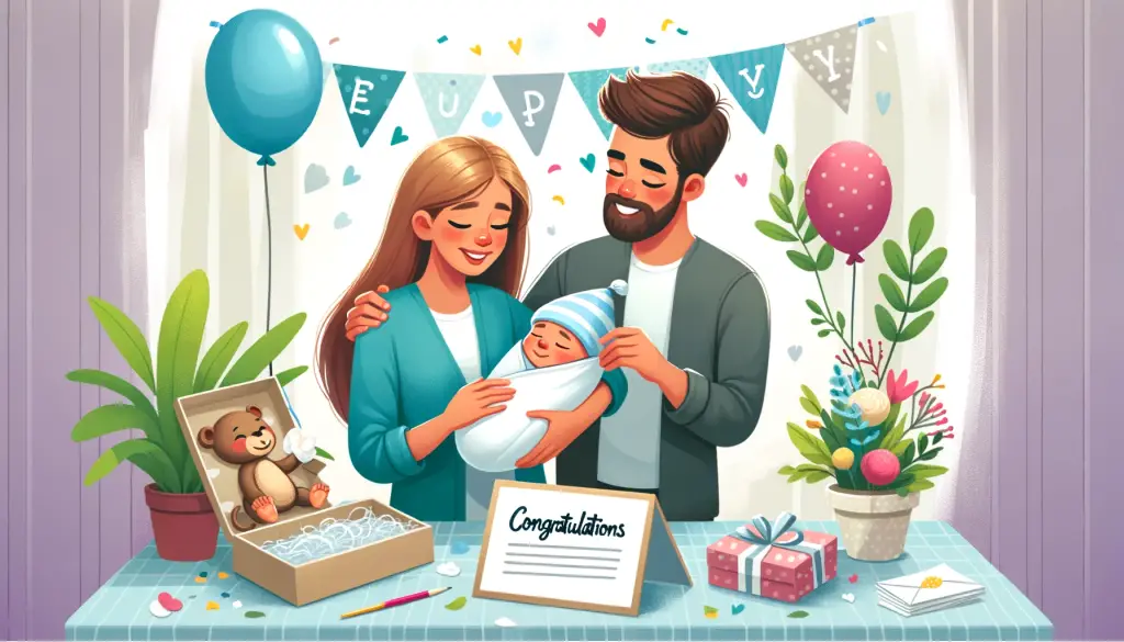 Warm and inviting cartoon scene of parents lovingly gazing at their baby boy, enhanced by festive cards and balloons, embodying the joyous spirit of 'Wishes for a Newborn Baby Boy' in a family setting.